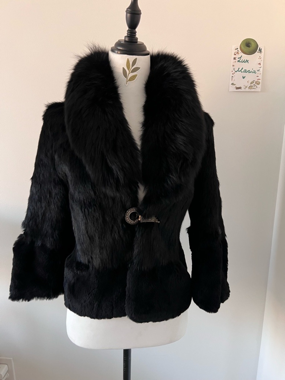 Black Real Rabbit Fur Jacket w Fox Fur Collar Rhinestone S Mob wife Evening